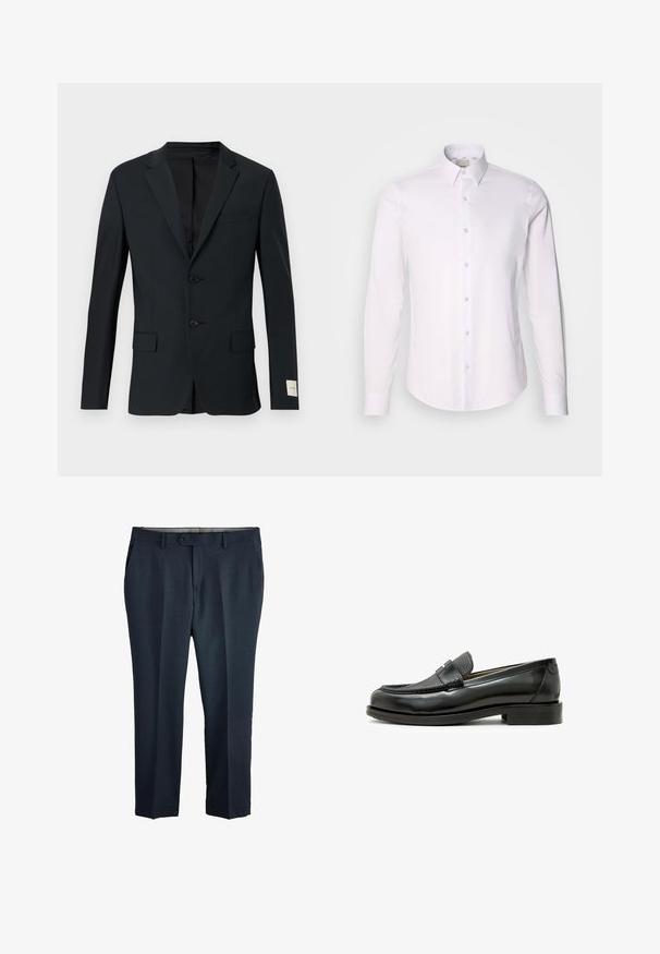 Donker marineblauwe blazer, enkelbreasted met twee knopen, opgestikte revers en twee voorzakken. Gladde stof met een subtiele textuur.; Witte langemouwen shirt van gladde stof met een button-down kraag, voorzien van een volledige knoopsluiting en een afgeronde zoom.; Donkergrijze formele herenbroek met knoop en riemlussen, voorzakken en een rechte pijp op een witte achtergrond.; Zwarte leren loafer met een textuuraccent van zwart leer, ronde neus en een lage blokhak; beschikt over een decoratief metallic detail.