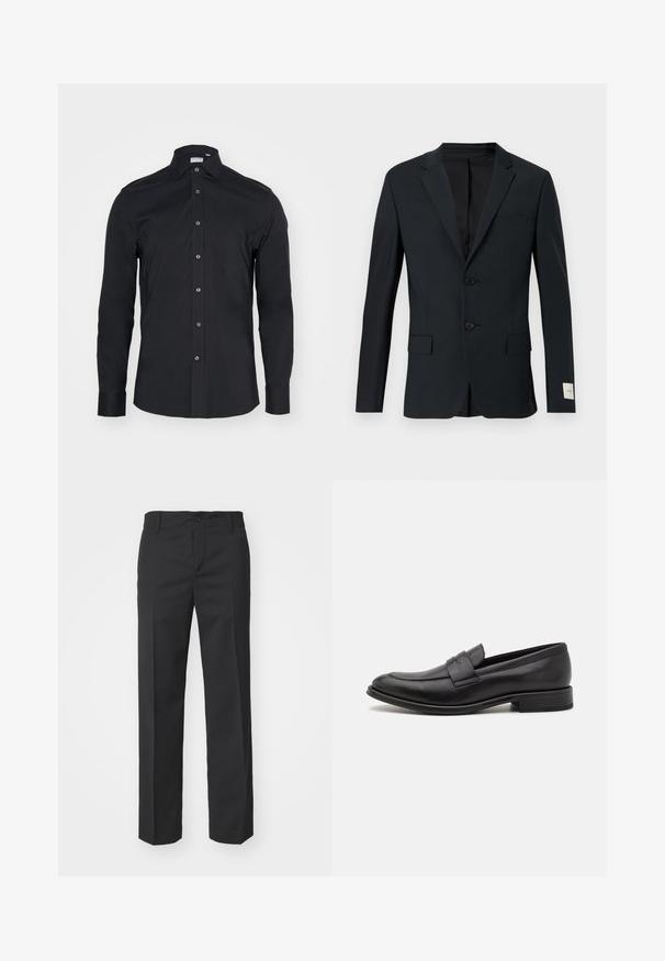 Dunkelblazer in Marineblau, einreihig mit zwei Knöpfen, mit Reverskragen und zwei Fronttaschen. Glattes Gewebe mit subtiler Textur.; Schwarze Langarm-Button-Up-Bluse mit klassischem Kragen. Hergestellt aus glattem Stoff, verfügt über Vorderknöpfe und abgerundete Manschetten.; Filippa K TROY TROUSERS - Stoffhose - black; Schwarze Lederloafer mit glatter Oberfläche, einem dekorativen Riemen über dem Obermaterial, runder Zehenpartie und einem niedrigen, gestapelten Absatz.