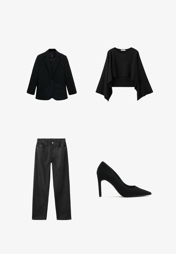 Sort blazer lavet af glat stof. Har en enkelt knaplukning, notchede klapkraver og to frontlommer. Enkel, skræddersyet design.; Sort kort top med brede, flydende lange ærmer og rund halsudskæring, lavet af blødt stof.; Sorte denimbukser med lige ben, der har fem lommer, sølvhardware og en glat tekstur.; Sorte ruskind stiletto-sko med spids tå, glat tekstur og en slank silhuet; har en høj hæl og minimalistisk design.