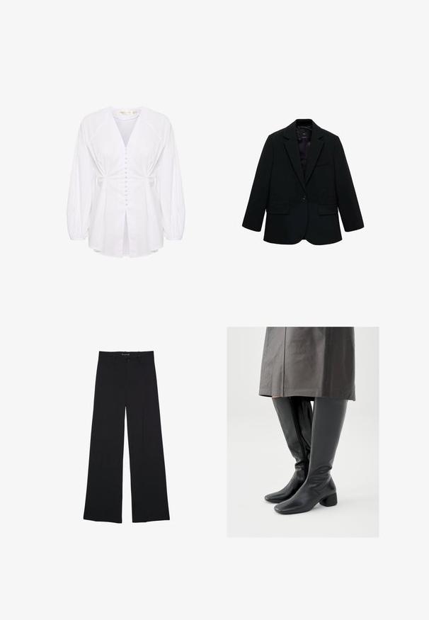Sort blazer lavet af glat stof. Har en enkelt knaplukning, notchede klapkraver og to frontlommer. Enkel, skræddersyet design.; Hvid bluse lavet af bomuld med en dyb V-udskæring, knaplukning foran, samlede ærmer og en indsnævret taljedesign. Glat tekstur, letvægts.; Sorte bukser med vide ben med knap- og lynlåslukning, bæltestropper og en glat, skræddersyet finish.; Knæhøje sorte læderstøvler med firkantet tå, skråt stillet blokhæl og en sidesyning; glat tekstur og tætsiddende design.