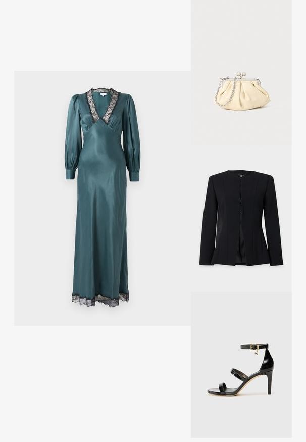 Blazer negro entallado de manga larga, con escote redondo, botones delanteros de una sola hilera y cintura ligeramente acampanada, mostrado sobre un fondo liso.; Vestido maxi de satén en tono verde azulado con un profundo escote en V, mangas largas de tipo globo y borde de encaje negro en el escote y el dobladillo. Textura suave.; Sandalia de charol negro con tres correas, hebilla en el tobillo y tacón de aguja de 10 cm. Presenta detalles de hardware en oro y un charm con el logo.; Clutch de cuero beige plisado con un marco de metal plateado, que cuenta con dos broches decorativos redondos y una correa de cadena plateada.