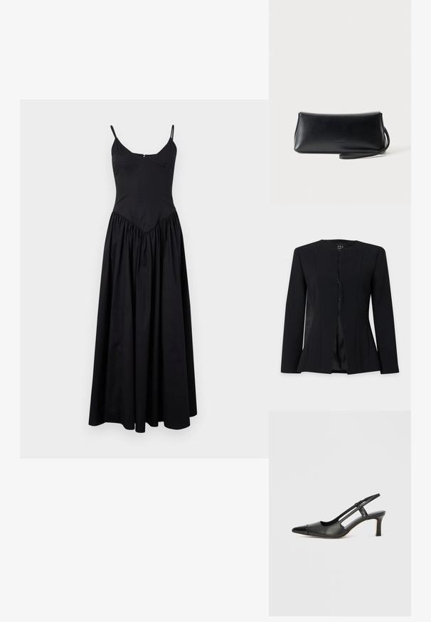 Blazer noir à manches longues, coupe ajustée, col rond, boutonnage simple devant et taille légèrement évasée, présenté sur un fond uni.; Robe maxi noire avec des bretelles fines, un corsage ajusté et une jupe froncée. Fabriquée en tissu léger avec une texture lisse et un léger éclat.; Chaussure à bride arrière en cuir noir avec bout pointu, dotée d'un accent brillant sur le bout et d'un talon de hauteur moyenne. Design latéral ouvert.; Pochette en cuir noir lisse avec une fine lanière de poignet, forme rectangulaire, et logo embossé subtil centré sur le devant.