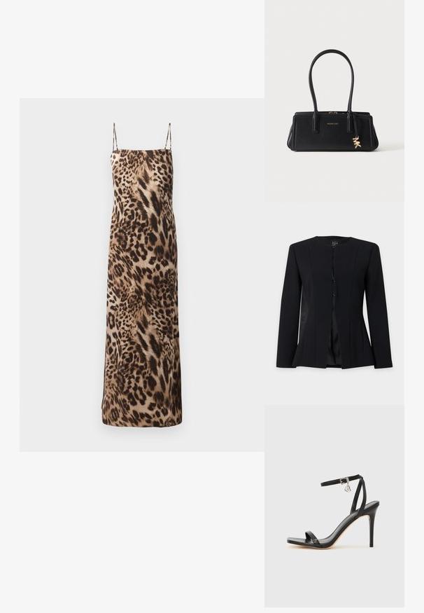 Zwarte, getailleerde blazer met lange mouwen, een ronde halslijn, enkele knopen aan de voorkant en een licht uitlopende taille, getoond op een effen achtergrond.; Luipaardprint, mouwloze maxi-jurk met dunne banden, gladde textuur en vloeiende silhouet in bruin en crèmekleuren.; Zwarte sandaal met hoge hak, smalle enkelband, vierkante neus, soepel leermateriaal en metalen gespsluiting.; Zwarte rechthoekige leren handtas met dubbele handvatten, gouden Michael Kors-logo en hangende MK-bedel op een effen lichte achtergrond.