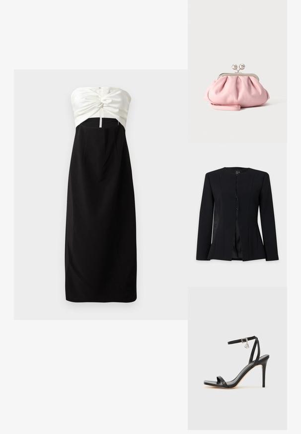 Sort blazer med lange ærmer, rund halsudskæring, enkeltknapslukning foran og let udsvinget talje, vist på ensfarvet baggrund.; Stropeløs kjole med en cremet satin overdel med knude-detail, parret med en sort, glat stofnederdel og en skjult bagside lynlås.; Sort hæl-sandal med smal ankrem, firkantet tå-boks, glat lædermateriale og metalspænde som pynt.; Lille blød lyserød clutchpung med sølvfarvet metalramme og rund lås, hvilende på en flad lys overflade med håndledsrem foldet foran.