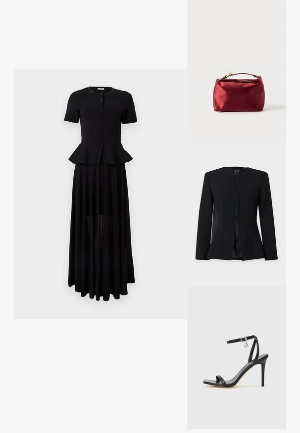Blazer noir à manches longues, coupe ajustée, col rond, boutonnage simple devant et taille légèrement évasée, présenté sur un fond uni.; Haut noir à manches courtes avec boutons et taille peplum, associé à une longue jupe noire transparente.; Sandale à talon haut noire avec une bride étroite à la cheville, bout carré, cuir lisse et accent de boucle métallique.; Trousse de maquillage en satin bourgogne de forme rectangulaire, avec fermeture éclair et une poignée courte. Présente un design minimaliste et une texture lisse.