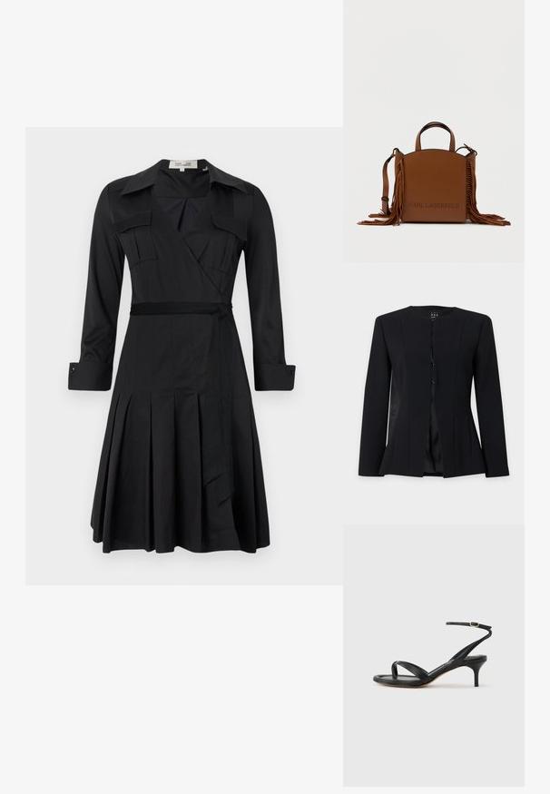 Schwarzer, taillierter Blazer mit langen Ärmeln, rundem Ausschnitt, einreihigen Knöpfen vorn und leicht ausgestellter Taille, vor schlichtem Hintergrund präsentiert.; Schwarzes Wickelkleid mit langen Ärmeln, Kragen, zwei Brusttaschen und Taillengurt. Mit einem gelegten Rock für zusätzlichen Textur und Bewegung.; Schwarze Ledersandale für Damen mit dünnen Riemchen, einer Zehenlasche, einer Knöchelschnalle und einem mittelhohen Stöckelabsatz vor neutralem Hintergrund.; Braune Lederhandtasche mit einer bogenförmigen Silhouette, Fransenverzierung auf einer Seite und durchbrochener Markenkennzeichnung auf der Vorderseite. Inklusive Schultergurt.