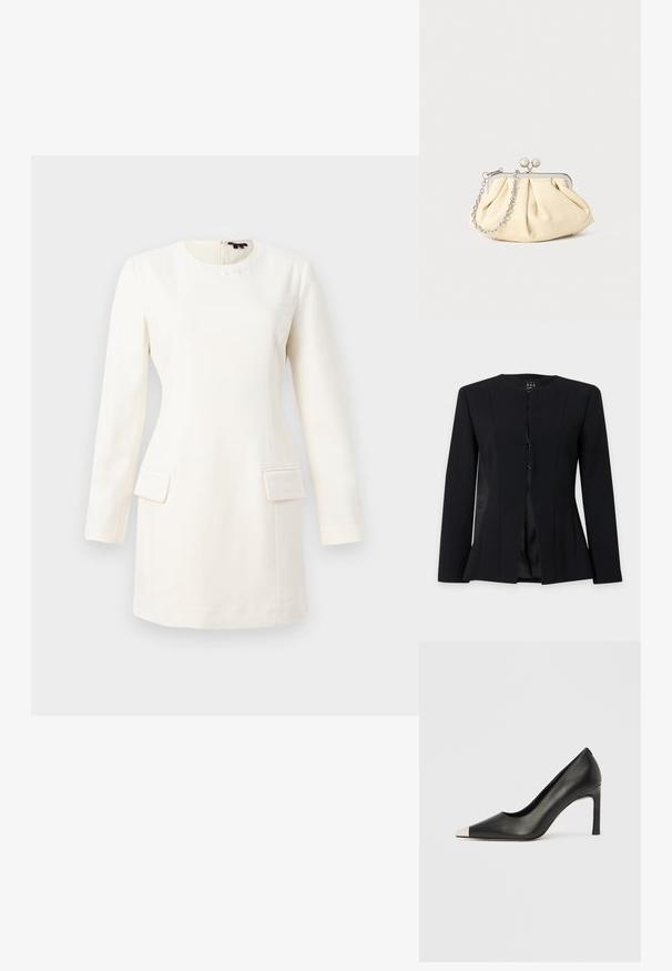 Sort blazer med lange ærmer, rund halsudskæring, enkeltknapslukning foran og let udsvinget talje, vist på ensfarvet baggrund.; Hvid langærmet kjole med rund halsudskæring, tætsiddende silhuet, to forlommer og et subtilt præg af logo nær halsen. Glat stoftekstur.; Sort læder højhælet sko med spids tå og metal-sølv hætte. Har en glat finish og en slank hæl på 10 cm.; Plisseret beige læderclutch med en sølvmetalramme, der har to runde dekorative låse og en sølvkædetrasporte.