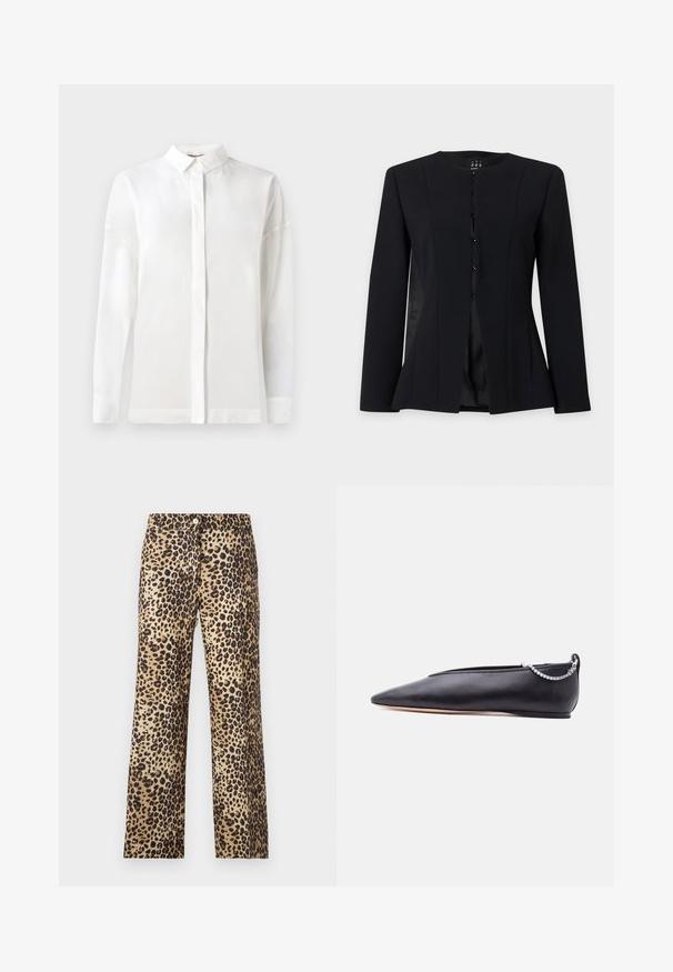 Blazer noir à manches longues, coupe ajustée, col rond, boutonnage simple devant et taille légèrement évasée, présenté sur un fond uni.; Chemise blanche à manches longues avec un col boutonné, texture lisse, coupe droite et patte de boutonnage cachée. Tissu doux et léger sans motifs.; Pantalon imprimé léopard en beige et marron. Caractéristiques : fermeture à bouton, coupe droite et texture lisse.; Chaussure plate noire en cuir pointue avec un petit talon et un détail de chaîne argentée à l'arrière sur un fond uni.