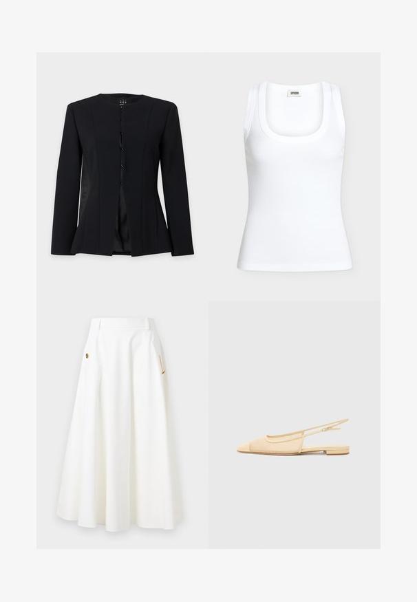 Zwarte, getailleerde blazer met lange mouwen, een ronde halslijn, enkele knopen aan de voorkant en een licht uitlopende taille, getoond op een effen achtergrond.; Witte geribbelde mouwloze tanktop met een ronde hals en het merklabel DRYKORN aan de binnenkant van de achterkraag.; Witte A-lijn midi rok met zijzakken, gouden ketting en decoratieve knoopdetails, en riemlussen bij de taille.; Slingback ballerina in lichtbeige met een mesh bovenwerk, spitse neus en een lage hak. Voorzien van een verstelbare band voor een goede pasvorm.
