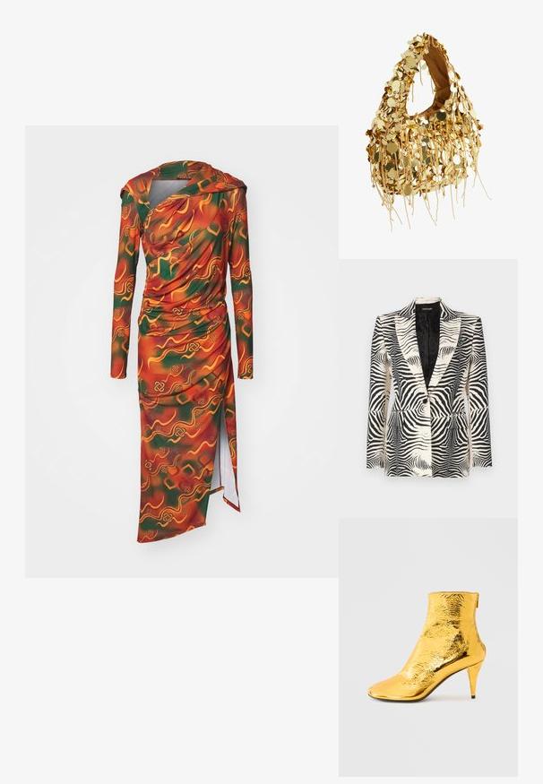Zebra-mønstret blazer med en struktureret design, enkeltknapslukning og to frontlommer, lavet af et glat, letvægtsstof.; Langærmet kjole i et vibrerende orange, grønt og gult abstrakt mønster. Stoffet er glat med draperede detaljer og en sideslids.; Gylden ankelstøvle med en skinnende, krøllet tekstur, spids snude og en slank hæl. Design i ankelhøjde med lynlås bagpå.; Guld taske dækket med pailletter, med hængende runde skiver og perletassels, med stofhåndtag og åbent indre.