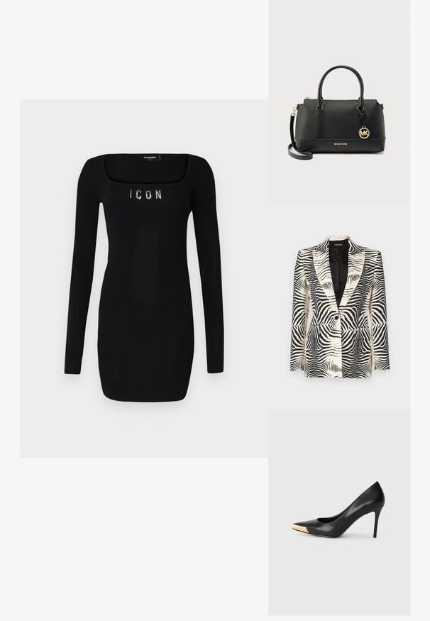 Zebra-print blazer met een gestructureerd ontwerp, enkele knoopsluiting en twee voorkanten zakken, vervaardigd uit een gladde, lichte stof.; Zwart langoorig jurkje met een vierkante halslijn, voorzien van 'ICON' in rhinestones over de borst, gemaakt van een gladde, rekbare stof.; Zwarte leren hoge hak pump met een spitse neus; heeft een metallic gouden accent op de neuskap. Glad oppervlak met een stijlvolle vormgeving.; Zwarte Michael Kors handtas met textuur, dubbele handvatten, afneembare schouderriem, gouden logo hanger en ritssluiting op een lichte achtergrond.