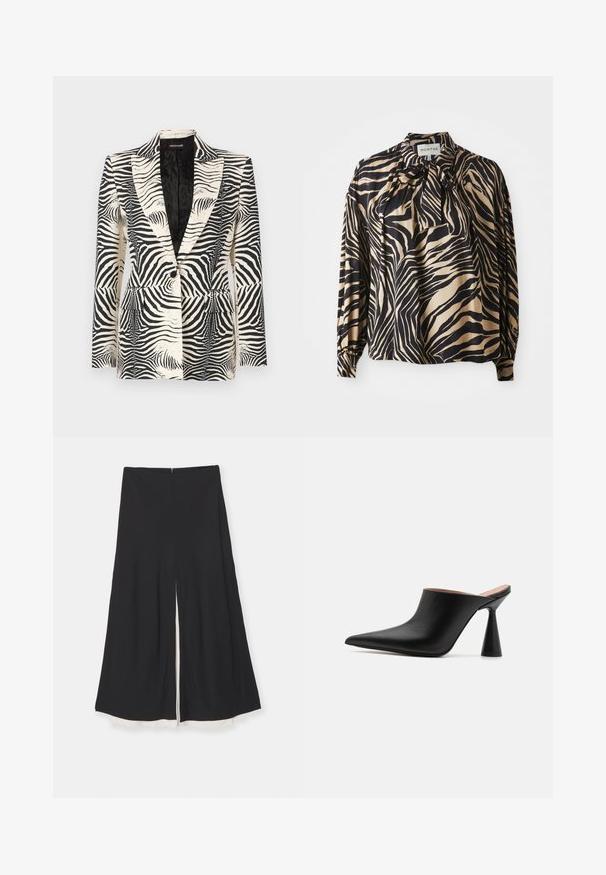Zebra-mønstret blazer med en struktureret design, enkeltknapslukning og to frontlommer, lavet af et glat, letvægtsstof.; Langærmet skjorte i glat stof med et dristigt sort og guld zebra-stribemønster, med en butterfly-detalje ved halsudskæringen.; Sorte bukser med bred benlængde og split foran, der har en glat tekstur og en kontrasterende hvid kant for neden. Lynlåsclosure bagpå.; Sorte lædermules med spids tå og en unik kegleformet hæl. Glat tekstur og minimalistisk design, åben bagside for nem påtagning.