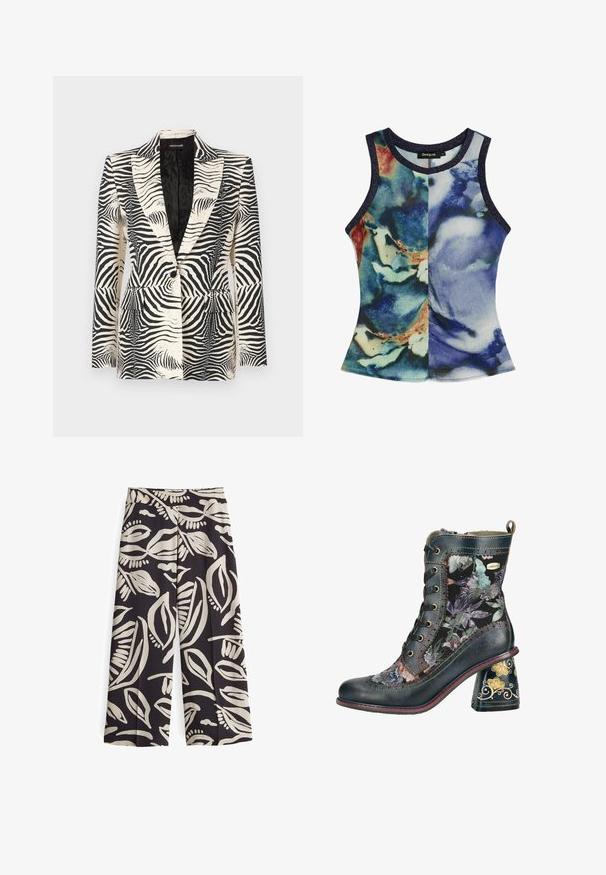 Zebra-print blazer met een gestructureerd ontwerp, enkele knoopsluiting en twee voorkanten zakken, vervaardigd uit een gladde, lichte stof.; Mouwloos damestopje met ronde hals en abstract aquarelpatroon in blauw, groen en beige, met donker afgewerkte randen.; OPUS HIGH RISE CROPPED WIDE FIT PRINT - Broek - midnight brown; Enkellaars met veters, bloemmotief stoffen panelen, donkere leren afwerking, meerkleurige stiksels en een versierde blokhak met gouden bloemmotieven.