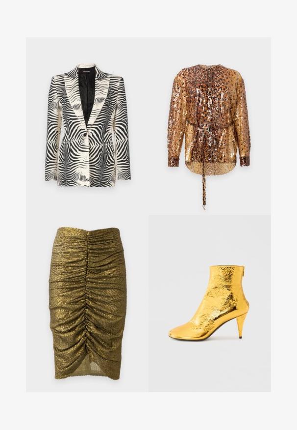 Zebra-mønstret blazer med en struktureret design, enkeltknapslukning og to frontlommer, lavet af et glat, letvægtsstof.; Rabanne Bluse - hairy/brown/black; Gul pailletteret blyantskirt med rynket detaljer foran og bagpå, med en tekstureret overflade og en kant der bliver smallere mod bunden.; Gylden ankelstøvle med en skinnende, krøllet tekstur, spids snude og en slank hæl. Design i ankelhøjde med lynlås bagpå.