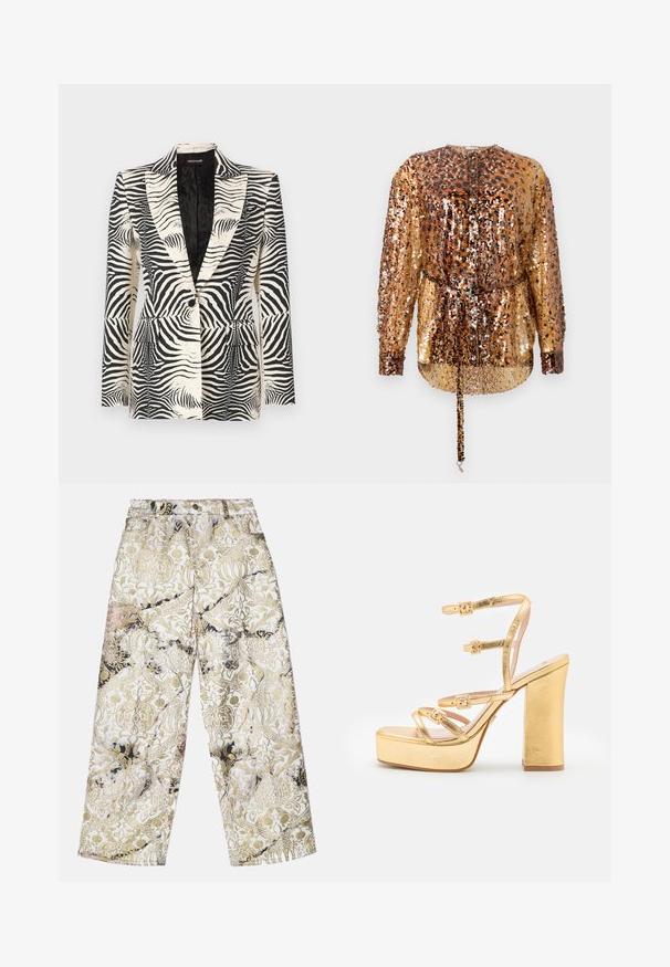 Blazer zébré avec un design structuré, fermeture à un bouton et deux poches avant, fabriqué à partir d'un tissu lisse et léger.; Rabanne Blouse - hairy/brown/black; Pantalons larges en tissu texturé avec un motif damassé doré et noir sur fond blanc, dotés d'une taille haute.; Sandales à talons hauts dorées avec trois brides à boucle réglables. Fini métallique lisse, talon carré épais et semelle rembourrée.