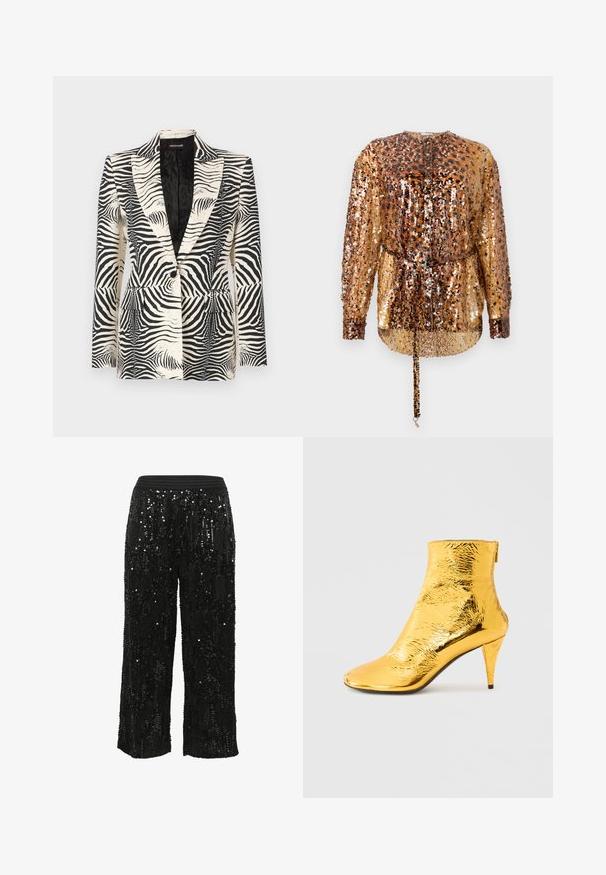 Blazer zébré avec un design structuré, fermeture à un bouton et deux poches avant, fabriqué à partir d'un tissu lisse et léger.; Rabanne Blouse - hairy/brown/black; Pantalons larges en sequins noirs avec une apparence texturée, dotés d'une taille élastique noire et d'accents scintillants sur toute la surface.; Bottine dorée avec une texture brillante froissée, un bout pointu et un talon fin. Conception hauteur cheville avec fermeture éclair à l'arrière.