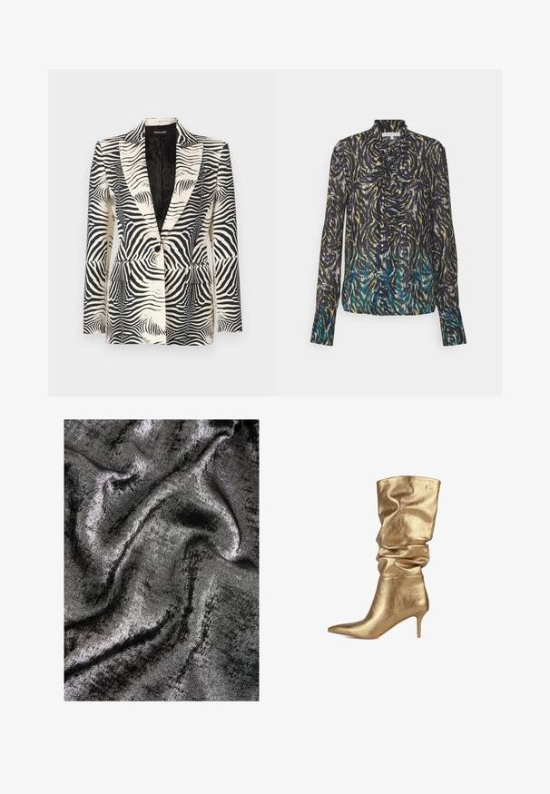 Blazer so vzorom zebry s konštruktivným dizajnom, zapínaním na jeden gombík a dvoma prednými vreckami, vyrobený z hladkého, ľahkého materiálu.; Patrizia Pepe CAMICIA - Blúzka so zapínaním na gombíky - dark multicolor; Čierna a strieborná textúrovaná látka s lesklým povrchom, s hladkými, plynulými vlnami a jemným leskom.; LOLA CASADEMUNT Čižmy - gold