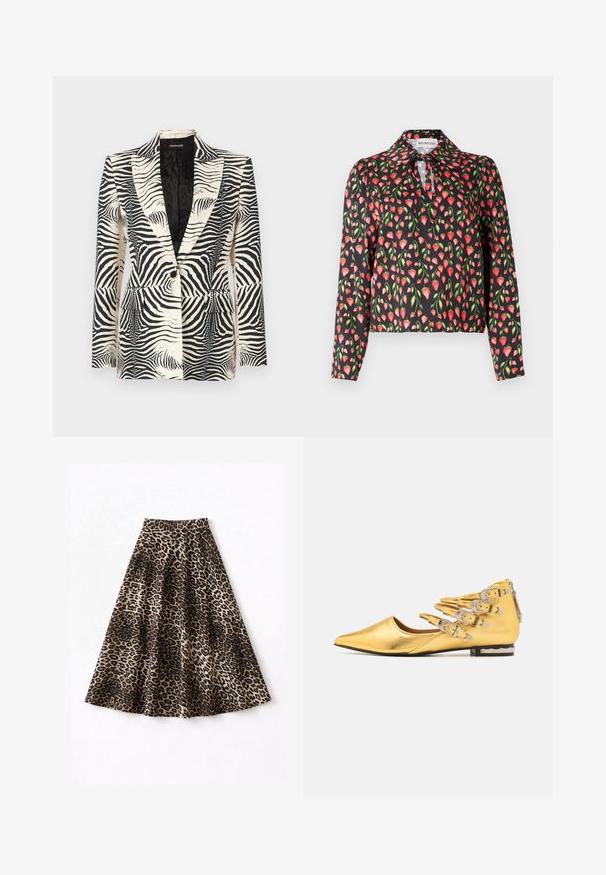 Blazer zébré avec un design structuré, fermeture à un bouton et deux poches avant, fabriqué à partir d'un tissu lisse et léger.; Blouse noire avec un motif floral de fraises rouges et de feuilles vertes, dotée d'un col et d'une ouverture en forme de clé au niveau du décolleté.; Jupe midi à motif léopard en tissu doux, avec une silhouette fluide, une ceinture noire et un motif varié marron et noir.; Chaussure plate en métal doré avec un bout pointu. Présente plusieurs sangles à boucles argentées et un petit talon avec une semelle texturée.
