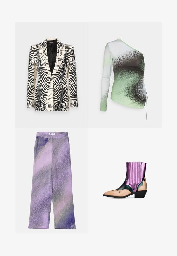 Blazer zébré avec un design structuré, fermeture à un bouton et deux poches avant, fabriqué à partir d'un tissu lisse et léger.; Elleme ONE SHOULDER - T-shirt à manches longues - light green/white; Pantalons à jambe large en tissu léger, avec un motif dégradé de violet et de lavande avec une texture subtile. Taille fermée par un bouton.; Bottine western en noir, violet métallisé et nude. Elle présente un bout pointu, un talon bloc, des découpes décoratives et des accents côtelés verticaux.