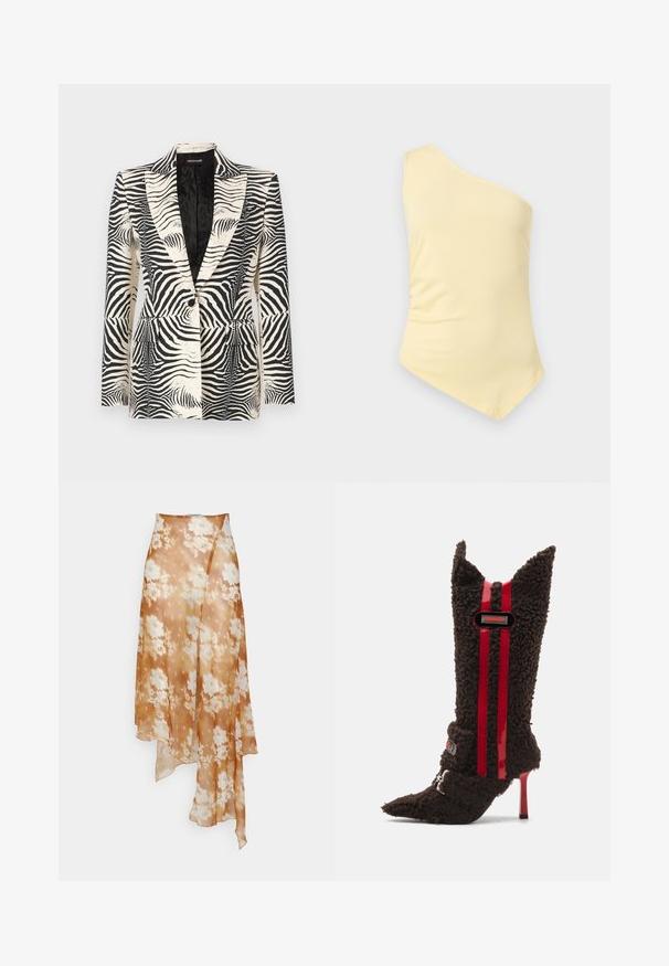 Zebra-mønstret blazer med en struktureret design, enkeltknapslukning og to frontlommer, lavet af et glat, letvægtsstof.; Bleg gul, one-shoulder, ærmeløs top med asymmetrisk kant, vist på en ensartet lysegrå baggrund.; Ioannes SHAWL SKIRT - A-snit nederdel - sprayed lace ochre; Brun pelslignende højhælede støvler med spidse tæer, prydet med røde lakerede striber og et logo på anklen. Tekstureret stof.