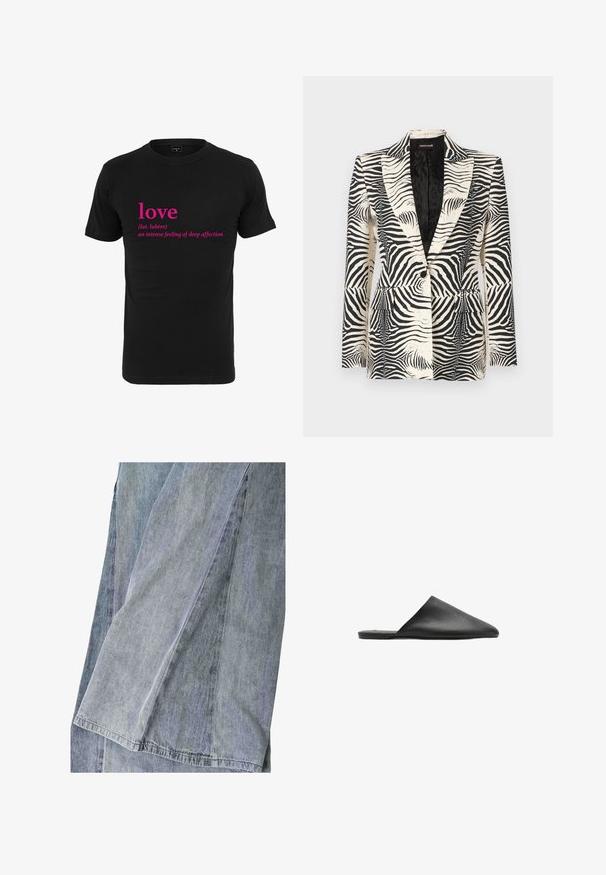 Blazer so vzorom zebry s konštruktivným dizajnom, zapínaním na jeden gombík a dvoma prednými vreckami, vyrobený z hladkého, ľahkého materiálu.; Čierne bavlnené tričko s krátkym rukávom a okrúhlym výstrihom, na prednej strane so stredovým nápisom v ružovej farbe „láska“ a jeho latinským významom.; Panely z denimovej látky v svetlých a tmavých odtieňoch spojené viditeľnými švami, zobrazujúce textúru a rôzne odtiene šedo-modrej.; Čierna kožená nazúvacia topánka so špicatou špičkou a hladkou textúrou, s minimalistickým dizajnom a plochou podrážkou.