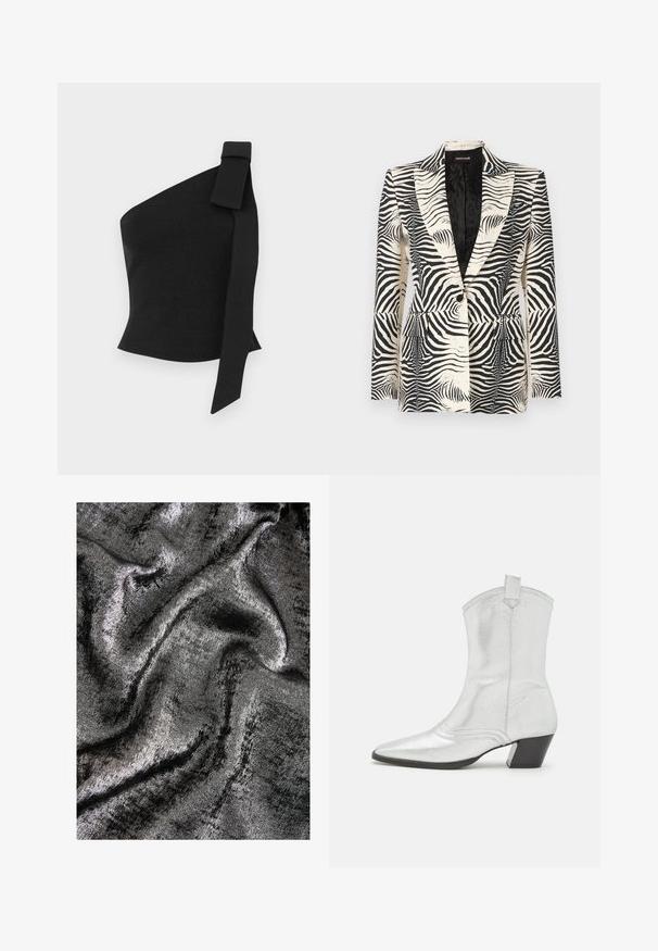 Blazer de estampado de cebra con un diseño estructurado, cierre de un botón y dos bolsillos frontales, confeccionado con una tela suave y ligera.; Top negro asimétrico hecho de tela texturizada; presenta un detalle de lazo en el hombro izquierdo y un diseño ajustado.; Tejido texturizado en negro y plata con un acabado brillante, que presenta ondas suaves y fluidas con un sutil brillo.; Castañer DIMBA - Botines camperos - plata