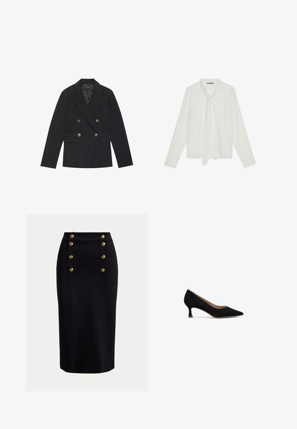 Zwarte dubbelzijdige blazer met een getailleerde pasvorm, accenten van gouden knopen, scherpe revers en twee voorzakken. Glad textuur van de stof.; Witte blouse met lange mouwen van gladde stof, voorzien van een strik bij de hals en op maat gemaakte manchetten. Eenvoudig, klassiek ontwerp zonder patronen.; Zwarte knielange kokerrok met een verticaal voorpaneel en twee rijen van zes gouden decoratieve knopen.; Zwarte suede pump met een spitse neus, lage vierkante hak en een gladde binnenvoering. Eenvoudig ontwerp zonder zichtbare patronen of accenten.