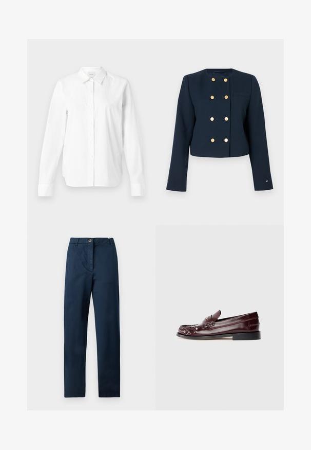 Navyblauwe cropped jas van gestructureerde stof, met gouden dubbelknopen en een enkele borstzak.; Witte button-up shirt gemaakt van katoen. Heeft een klassieke kraag, lange mouwen en een ontspannen pasvorm. Geen zichtbare patronen of accenten.; Marineblauwe katoenen broek met een vlakke voorkant, ritssluiting en knoopsluiting, zijzakken en een rechte pijp. Gladde textuur, zonder patronen.; Bordeaux leren penny loafer met zwarte zool en goudkleurig metalen detail op de vamp, weergegeven in zijaanzicht op een witte achtergrond.