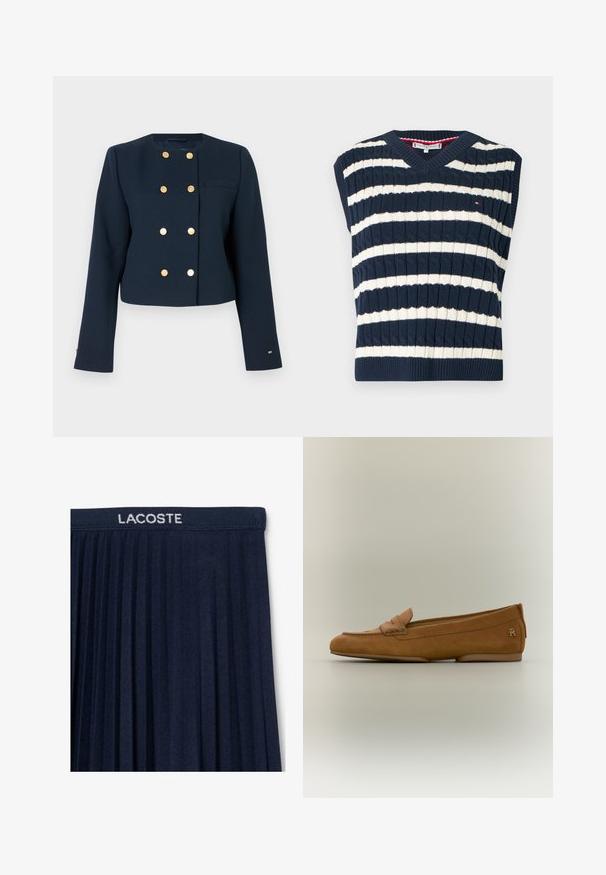 Navyblauwe cropped jas van gestructureerde stof, met gouden dubbelknopen en een enkele borstzak.; Mouwloos gebreid vest met marineblauwe en crèmekleurige strepen, een V-hals en een geribbelde textuur. Voorzien van een klein logo op de borst.; Marineblauwe geplisseerde rok met een elastische tailleband en witte "LACOSTE"-logo. Zachte stofstructuur met verticale plooien voor beweging.; Bruine suède damessloffer met een gestikte riemdetail en een klein metalen logo op de hiel, afgebeeld op een neutrale achtergrond.