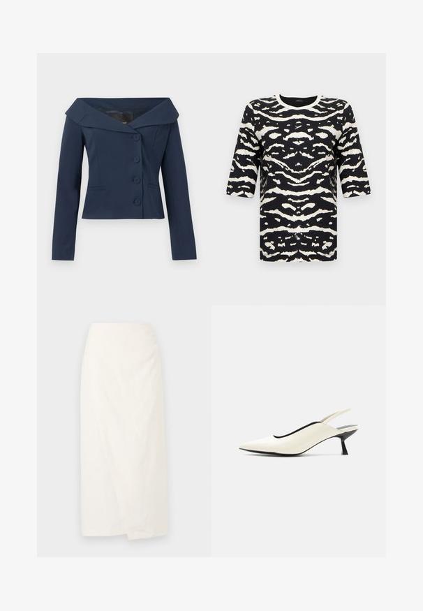 Donkerblauwe cropped blazer met brede reverskraag, lange mouwen, vier knopen aan de voorkant en subtiele taille naden.; Zwart-witte top met korte mouwen, voorzien van een gedurfd tijgerstreeppatroon, ronde halslijn en zachte, gestructureerde stof.; Witte knie-lange rok van lichtgewicht stof, met een wrapsdesign en een zachte, gestructureerde oppervlakte. Eenvoudige, strakke lijnen zonder versieringen.; Crèmekleurige slingback schoen met puntige neus, lage zwarte kittenhak en een gladde leren afwerking op een witte achtergrond.