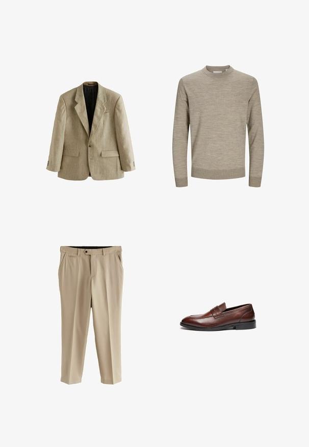 Beige enkeltknappet herreblazer med hakkede revers, to forlommer med klap, en brystlomme og tre knapper på hver manchet.; Beige langærmet rundhalset sweater med ribstrikkede ærmekanter og kant, vist på hvid baggrund.; Beige bukser lavet af glat stof, med flad front, sidelommer og en enkelt baglomme. Standard talje med knaplukning.; Brune læder loafers med en glat finish, rund tå, dekorativ rem og sort gummisål. Har minimal syning detaljer.