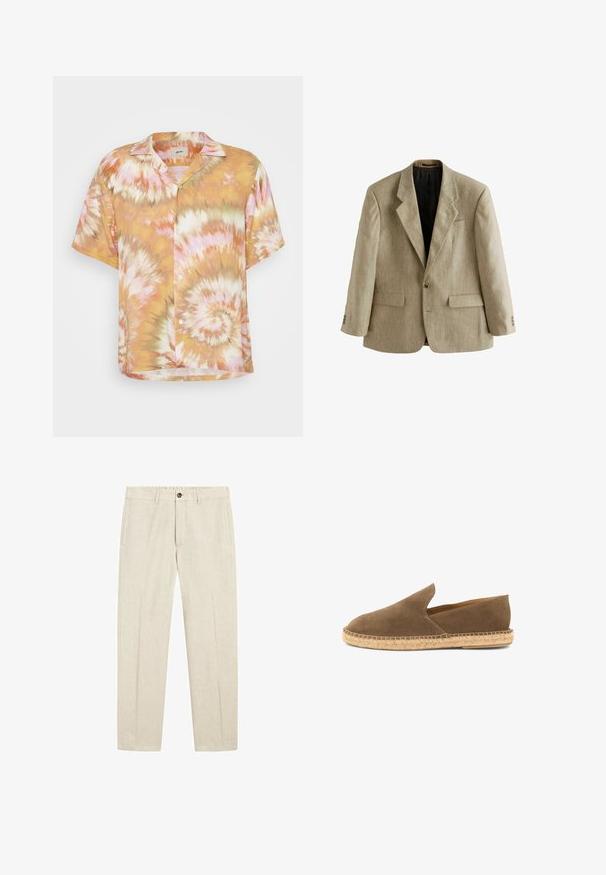 Beige enkeltknappet herreblazer med hakkede revers, to forlommer med klap, en brystlomme og tre knapper på hver manchet.; Korteærmet skjorte med knaplukning i tie-dye mønster med orange, pink og grønne swirling. Fremstillet af letvægtsstof med en afslappet pasform.; Beige linnedbukser med knap- og lynlås, sidelommer, bæltestropper og lige ben.; Brun ruskinds slip-on espadrille med flettet jutesål og lavtskårne sider, designet til afslappet brug.