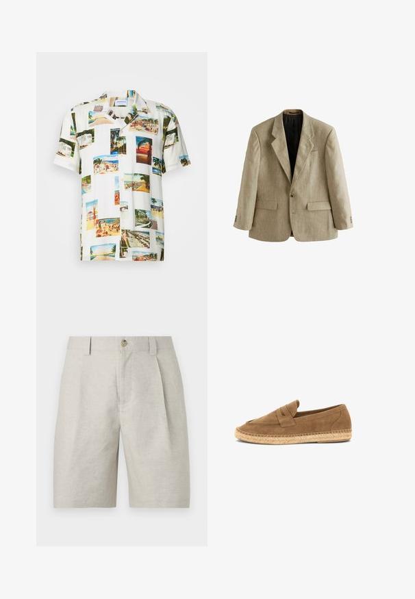 Beige enkeltknappet herreblazer med hakkede revers, to forlommer med klap, en brystlomme og tre knapper på hver manchet.; Hvid kortærmet skjorte med et collage af fotografier af tropiske scener i forskellige farver. Letvægtsstof, knaplukning foran og afslappet pasform.; Beige skræddersyede shorts med forreste læg, bæltestropper og en enkelt knaplukning i taljen.; Brun ruskindsloafer med flettet jutesål og penny-remdetalje, designet til afslappet brug.