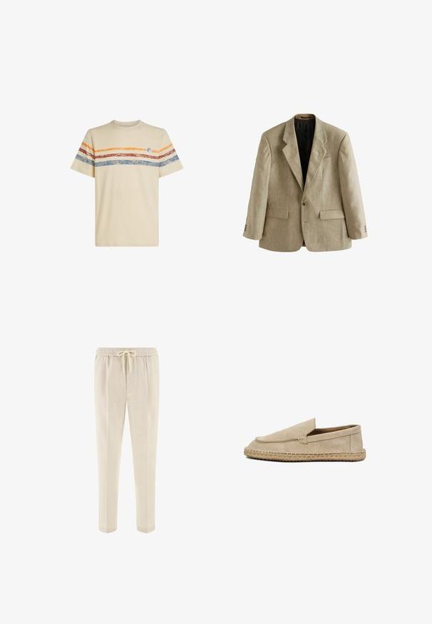 Beiger einreihiger Herrenblazer mit Kerbklappen, zwei vorderen Pattentaschen, einer Brusttasche und drei Knöpfen an jedem Ärmel.; Cremfarbendes Baumwoll-T-Shirt mit horizontalen Streifen in Orange, Rot und Blau. Kurzärmlig, mit rundem Ausschnitt und kleinem Logodetail auf der Brust.; Beige Hose mit Tunnelzugbund, vorderen Taschen und geradem Beinverlauf, designed für legere oder entspannte Trageanlässe.; Beige Veloursleder-Slipper mit geflochtenem Jutesohle, abgerundetem Zehenbereich und minimalen Nahtdetails, Seitenansicht auf weißem Hintergrund.