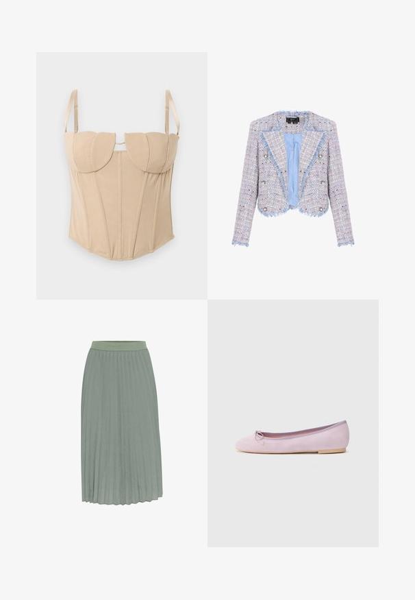 Veste cropped à double boutonnage en tweed pastel avec bords effilochés, boutons nacrés et doublure en satin bleu clair.; Top corset beige avec des bonnets structurés, des bretelles réglables et des coutures verticales. Texture de tissu lisse avec une silhouette cintrée.; Jupe midi plissée en tissu vert tendre avec une taille élastique. Présente des plis verticaux pour ajouter de la texture et du mouvement.; Ballerines en daim rose avec un bout rond, ornées d'un petit nœud. Doublure intérieure douce avec une semelle en caoutchouc flexible.