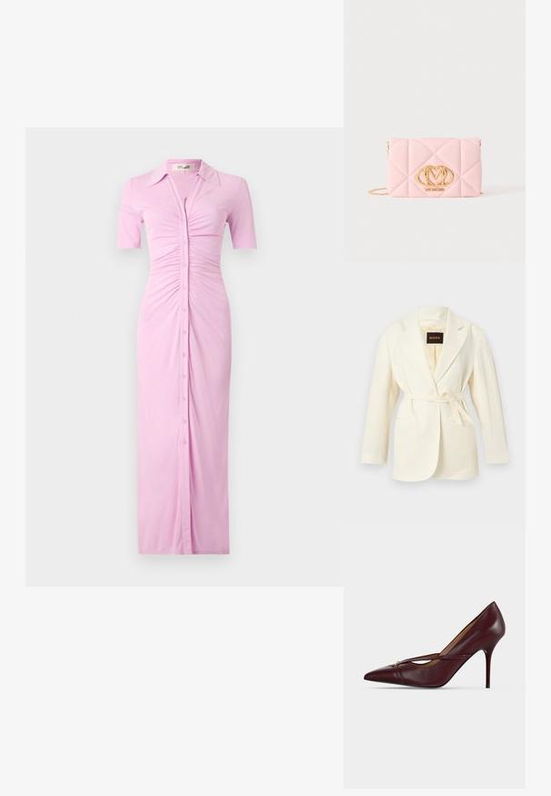 Off-white kvindelig blazer med hakkede revers, lange ærmer, to forlommer og et bælte i samme stof ved taljen, mærket BOSS indeni kraven.; Rosa knap-up kjole med korte ærmer, der har en kravehalsudskæring, samlede detaljer ved livstykket og en lige, gulvlængde silhuet.; Mørkerød læder pumps med høje hæle, spids tå og en tynd rem, der krydser foran og fastgøres med en lille guldlås.; Lyserød quiltet håndtaske med guldkæde-rem og gyldent Love Moschino-logo foran i midten på ens grå baggrund.