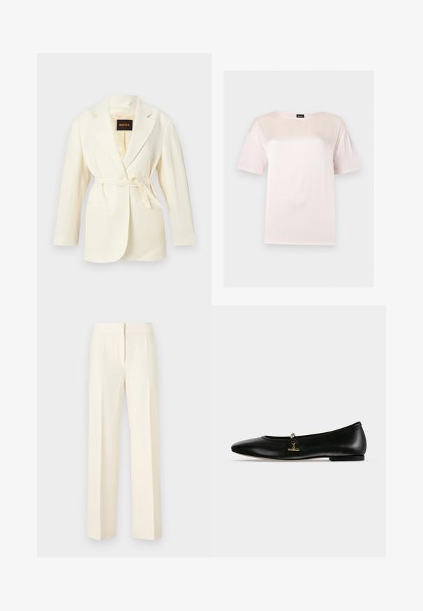 Blazer pour femme couleur crème avec revers crantés, manches longues, deux poches avant, et une ceinture à nouer à la taille, étiquette BOSS à l'intérieur du col.; T-shirt en coton rose clair à manches courtes avec un col rond et une étiquette noire de la marque BOSS à l'intérieur du col.; Pantalon droit sur mesure couleur blanc cassé avec pli avant, ceinture et fermeture avant dissimulée sur un fond uni.; Chaussure plate en cuir noir avec une petite chaîne dorée et un détail barre sur le dessus, bout arrondi et talon bas.