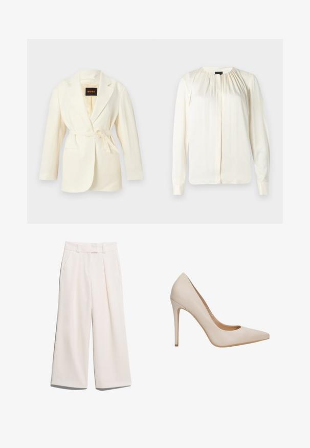 Off-white damesblazer met inkepingskraag, lange mouwen, twee voorzakken en een zelfbindende ceintuur in de taille, met het label BOSS aan de binnenkant van de kraag.; Langsleeve blouse in off-white zijde. Kenmerkt zich door een ronde halslijn, zachte plooien op de schouders en knoopmanchetten. Glad textuur en minimalistisch ontwerp.; Brede broekspijpen in een lichte crèmekleur, gemaakt van gladde stof met twee voorzakken en zichtbare stiksels op de tailleband.; Beige leren pumps met hoge hak, een spitse neus, een gladde textuur en een slanke stilettohak. Minimalistisch ontwerp zonder extra versieringen.
