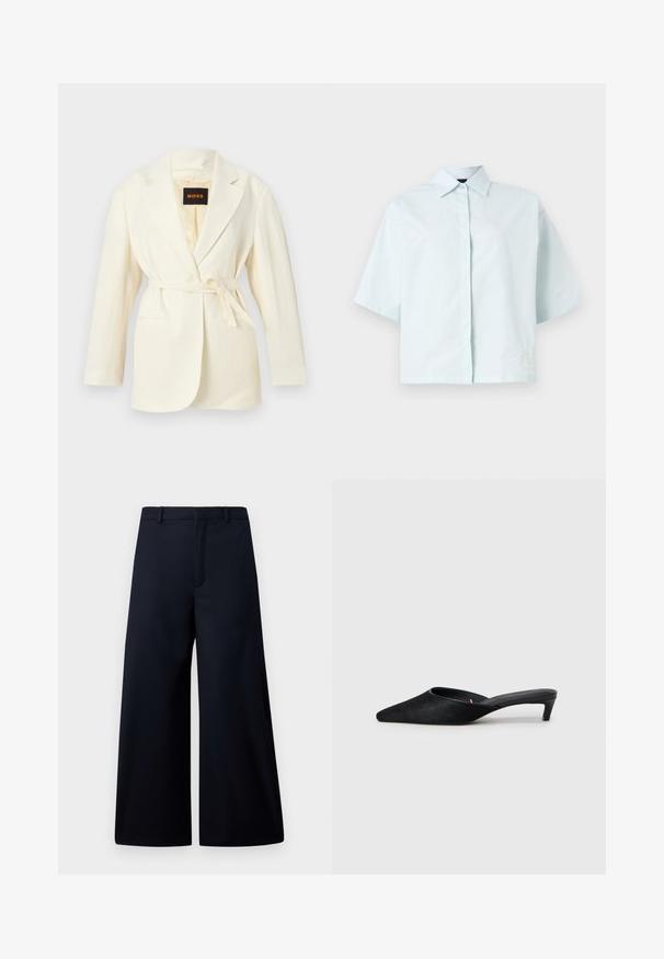 Blazer para mujer color marfil con solapas con muesca, mangas largas, dos bolsillos frontales y cinturón autoajustable en la cintura, con etiqueta BOSS en el interior del cuello.; Camisa de manga corta en azul claro con cuello puntiagudo, tapeta frontal oculta y un corte ancho y holgado.; Pantalones de pierna ancha en azul marino oscuro, hechos de una tela suave. Presentan una cinturilla plana, pliegue frontal y sin herrajes o patrones visibles.; Mules de ante negro con puntera afilada y tacón bajo. Presentan una textura suave y una parte trasera abierta para facilitar su uso. Diseño sencillo sin patrones.
