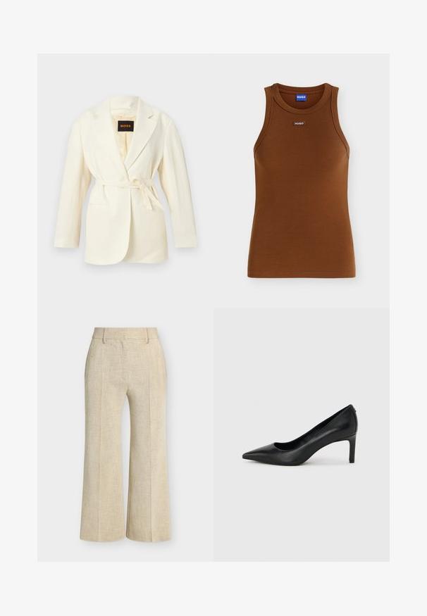 Blazer pour femme couleur crème avec revers crantés, manches longues, deux poches avant, et une ceinture à nouer à la taille, étiquette BOSS à l'intérieur du col.; Débardeur marron côtelé sans manches avec encolure ronde et petit patch logo HUGO au centre devant sous le col.; Pantalon beige à jambes larges avec passants de ceinture, plis devant et finition en tissu texturé.; Escarpin à bout pointu en cuir noir avec un talon fin de hauteur moyenne sur un fond gris clair uni.