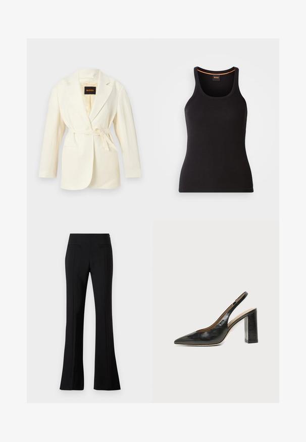 Blazer para mujer color marfil con solapas con muesca, mangas largas, dos bolsillos frontales y cinturón autoajustable en la cintura, con etiqueta BOSS en el interior del cuello.; Camiseta de tirantes negra con textura acanalada y cuello redondo. Presenta un ajuste ceñido y un detalle en naranja en el cuello. Logotipo de la marca bordado sutilmente en el frente.; Pantalones acampanados negros hechos de una tela suave con una cintura alta, que cuentan con dos bolsillos traseros y una línea en el frente de cada pierna.; Zapato slingback de piel negra con puntera puntiaguda, tacón alto y ancho, y forro interior beige sobre un fondo claro y liso.