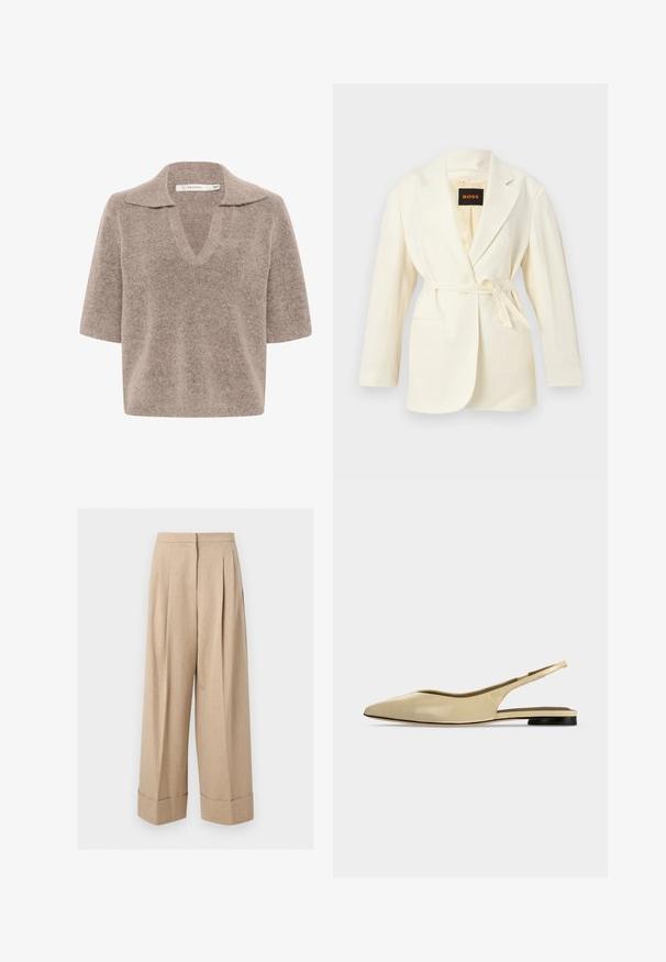 Blazer para mujer color marfil con solapas con muesca, mangas largas, dos bolsillos frontales y cinturón autoajustable en la cintura, con etiqueta BOSS en el interior del cuello.; Suéter beige de manga corta con escote en V, hecho de un material de punto suave, con un diseño de cuello y un corte relajado.; Pantalones beige de pierna ancha con cintura alta, pliegues delanteros y puños anchos en el dobladillo, mostrados sobre un fondo blanco.; Zapato plano beige con puntera puntiaguda, diseño slingback, tacón bajo negro y acabado en cuero liso, mostrado de perfil sobre un fondo liso.