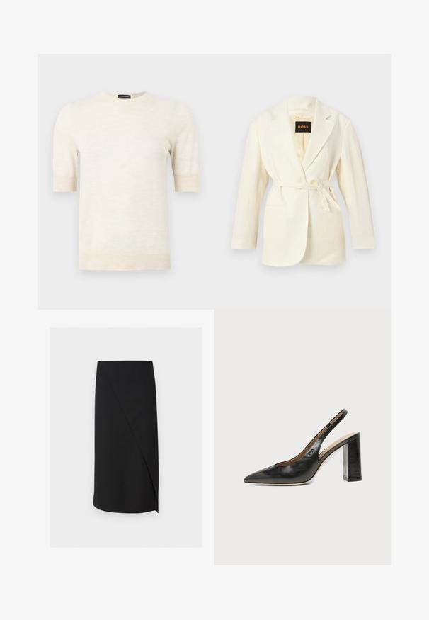 Blazer pour femme couleur crème avec revers crantés, manches longues, deux poches avant, et une ceinture à nouer à la taille, étiquette BOSS à l'intérieur du col.; Pull à manches courtes de couleur crème avec col rond, poignets et ourlet côtelés, étiquette « SUPREME MERINO » au col.; Jupe crayon noire longueur genou avec un détail de recouvrement asymétrique à l'avant sur fond blanc.; Chaussure slingback en cuir noir à bout pointu avec un talon bloc haut et une doublure intérieure beige sur un fond clair uni.