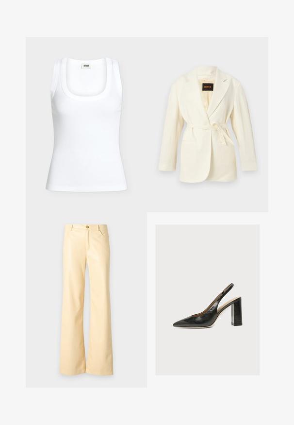 Blazer pour femme couleur crème avec revers crantés, manches longues, deux poches avant, et une ceinture à nouer à la taille, étiquette BOSS à l'intérieur du col.; Débardeur blanc côtelé sans manches avec un col rond et une étiquette de marque DRYKORN à l'intérieur du col arrière.; Pantalons évasés en jaune pâle, en matériau lisse et brillant. Comprend un bouton avant, deux poches latérales et une coupe droite.; Chaussure slingback femme en cuir noir avec bout pointu et talon bloc épais et haut sur fond blanc.