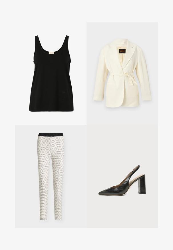 Blazer para mujer color marfil con solapas con muesca, mangas largas, dos bolsillos frontales y cinturón autoajustable en la cintura, con etiqueta BOSS en el interior del cuello.; Top sin mangas negro hecho de suave algodón, con un escote redondeado y un corte relajado, sin patrones visibles ni detalles de hardware.; Pantalones ajustados blancos con patrón geométrico de eslabones de cadena negros y cinturilla negra etiquetada "SPORT".; Zapato slingback de piel negra con puntera puntiaguda, tacón alto y ancho, y forro interior beige sobre un fondo claro y liso.
