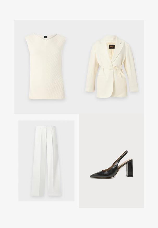 Blazer para mujer color marfil con solapas con muesca, mangas largas, dos bolsillos frontales y cinturón autoajustable en la cintura, con etiqueta BOSS en el interior del cuello.; Taco sin mangas en color crema, con un escote en V, patrón ondulado texturizado y una silueta ajustada, fabricado con un tejido suave y elástico.; Pantalones blancos de talle alto, pierna ancha, confeccionados a medida con pliegues delanteros y cierre de cremallera oculto.; Zapato slingback de piel negra con puntera puntiaguda, tacón alto y ancho, y forro interior beige sobre un fondo claro y liso.