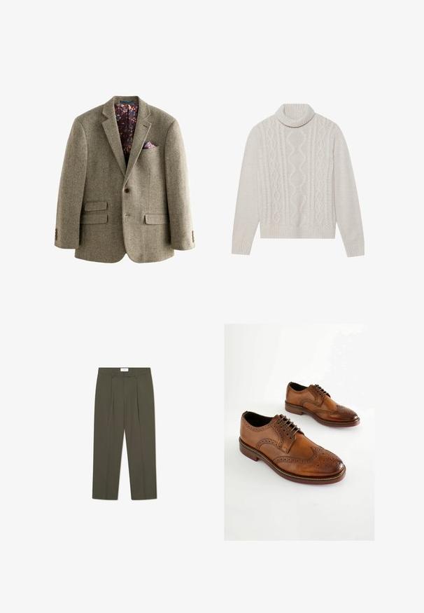 Hahnentritt-Muster Tweed-Blazer in Hellbraun mit einem dunkelblumigen Innenfutter, Reverskragen und zwei vorderen Taschen mit Knopf-Details.; Cremfarbener Kabelstrickpullover mit hohem geripptem Kragen, der ein strukturiertes Muster sowie gerippte Bündchen und Saum aufweist. Weiche Wollmischung.; Olivgrüne Hose mit vertikalen Nadelstreifen, tailliertem Bund, Falten und geradem Bein. Glatte Textur.; Braune Leder-Oxford-Schuhe mit perforierten Details, Schnürverschluss und runder Zehenform. Glatte Textur und kontrastierende Sohle.
