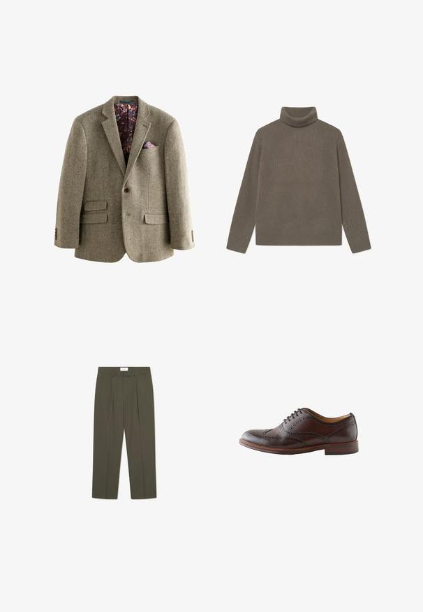 Blazer z houndstooth vzorom z tweedu v svetlo hnedej farbe, s tmavou kvetinovou podšívkou, klopovými reverzami a dvoma prednými vreckami s gombíkovými detailmi.; Hladký rolákový sveter v tlmenej olivovej zelenej farbe, s dlhými rukávmi a priliehavým strihom. Vyrobený z mäkkej, textúrovanej pleteniny.; Olivové zelené nohavice s vertikálnymi pruhmi, s upraveným pásom, skladmi a strihom rovného nohu. Hladký povrch.; Tmavohnedá kožená brogue obuv s krídelkovou špičkou, perforovanými detailmi a šnúrkami, zobrazená z vonkajšej strany na bielom pozadí.