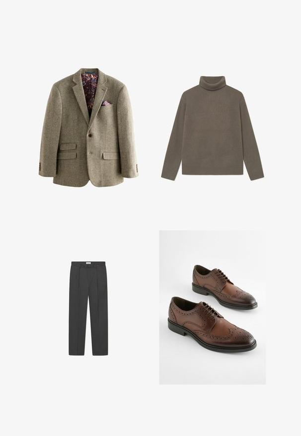Blazer de tweed con patrón de pata de gallo en marrón claro, con un interior forrado de flores oscuras, solapas de muesca y dos bolsillos frontales con acentos de botón.; Suéter de cuello alto acanalado en un verde olivo atenuado, con mangas largas y un diseño ajustado. Fabricado con un material de punto suave y texturizado.; Pantalones grises a medida con un sutil patrón de cuadro, tejido texturizado y pliegues delanteros, presentando una cinturilla con pasadores para cinturón.; Zapatos derby de cuero marrón con diseño de brogue, punta afilada y suela de goma plana. Perforaciones intrincadas a lo largo de los bordes.