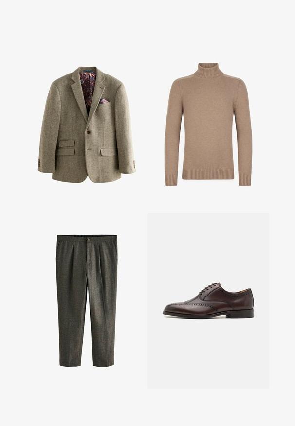 Lys brun tweed blazer med houndstooth-mønster, der har en mørk blomsterforing, notklapper og to frontlommer med knapdetaljer.; Lys brun strikket rullekravesweater med lange ærmer og ribstrikkede manchetter og kant, vist på en hvid baggrund.; Grå, teksturerede bukser med skræddersyet pasform, læg fortil, sidelommer og knaplukning i taljen.; ALDO DONALD - Business sko - dark brown